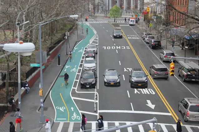 The south end of the proposed two-way bike lane on Chrystie Street, at Canal Street